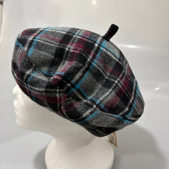 Halogen Gray Burgundy Blue Lined Beret Hat One Size NEW - Picture 3 of 6